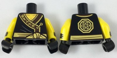 LEGO part Torso Ninjago Robe with Ninjago Logogram 'EARTH', Gold Sash and Medallion Pattern / Yellow Arms with Black Cuffs with Gold Stripes Pattern / Black Hands (973pb2805c01)