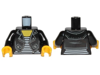 LEGO part Torso Female Leather Jacket with Silver Snaps and Zipper over White Striped Shirt Pattern / Black Arms / Yellow Hands (973pb2828c01)