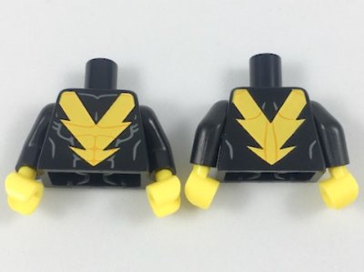 LEGO part Torso Yellow Lightning 'V', Muscle Contour Lines Pattern / Black Arms / Yellow Hands (973pb2952c01)
