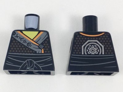 LEGO part Torso Tunic with Sash, Yellow Neck, Orange and Dark Gray Hems, Dark Tan Dots Pattern (973pb3021)