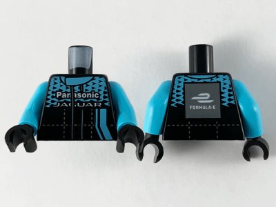 LEGO part Torso Speed Champions Jumpsuit, Medium Azure Top Panel and Stripe, Black Triangles and White 'Panasonic JAGUAR' Pattern / Medium Azure Arms / Black Hands (973pb3824c01)