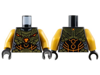 LEGO part Torso Armor with Gold Plates, Black Abdomen with Orange Circles and Lines Pattern / Pearl Gold Arms / Black Hands (973pb5272c01)