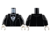 LEGO part Torso Tuxedo Jacket Open with Dark Bluish Gray Outlined Lapels over Vest and White Shirt with Silver Buttons, Bow Tie, Pocket Square Pattern / Black Arms / White Hands 973pb5311c01