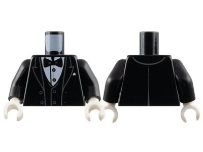 LEGO part Torso Tuxedo Jacket Open with Dark Bluish Gray Outlined Lapels over Vest and White Shirt with Silver Buttons, Bow Tie, Pocket Square Pattern / Black Arms / White Hands (973pb5311c01)
