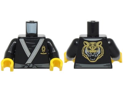 LEGO part Torso Tunic with Light Bluish Gray Trim and Symbol with Gold Squares, Dark Bluish Gray Sash, Tiger Head on Back Pattern (BAM) / Black Arms / Yellow Hands (973pb6089c01)
