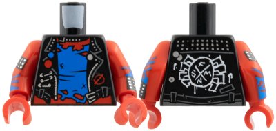 LEGO part Torso Biker Vest, Silver Trim, Belt Buckle and Safety Pins, Tattered Blue Shirt over Red Chest, Painted White Spider on Back Pattern / Red Arms with Blue Zigzags, Black Cuff with Silver Studs Pattern / Red Hands (973pb6279c01)