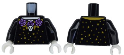 LEGO onderdeel Torso La Catrina Dress with Medium Lavender Roses, White Skull, Gold Trim, Leaves, Stars and Dots over Skeleton Torso Pattern (BAM) / Black Arms / White Hands (973pb6376c01)