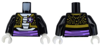LEGO part Torso El Catrín Cropped Jacket with Gold Elaborate Trim, Rose with White Skull over Skeleton Torso, Medium Lavender Sash Pattern (BAM) / Black Arms / White Hands (973pb6377c01)