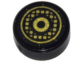 LEGO part Tile, Round 1 x 1 with Gold Concentric Circles and Speaker Grille Pattern (98138pb064)