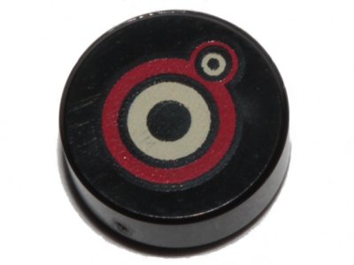 LEGO part Tile, Round 1 x 1 with Black, Red and Tan Circles Pattern (Monster Eyes) (98138pb297)