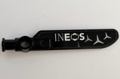 LEGO part Technic Rotor Blade Small with Axle and Pin Connector End with White 'INEOS' and Silver Mercedes-Benz Logo Repeating Pattern on Both Sides (Stickers) - Set 42165 (99012pb14)