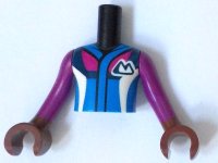 LEGO onderdeel Torso Mini Doll Boy Blue Jacket with Magenta, Dark Blue and White Panels and Mountains Pattern, Reddish Brown Arms with Hands with Magenta Long Sleeves FTBpb103c01