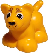 LEGO part Duplo Katze, Groß, Baby Junges, stehend (Löwe) mit schwarzen und weißen Augen, Nase und Schnurrbart Punkte, mittleres Braun Streifenmuster 109575pb01