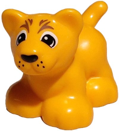 LEGO part Chat Duplo, Grand, Petit Lionceau, Debout (Lion) avec Yeux, Nez et Points de Moustaches Noirs et Blancs, Motif Rayures Marron Moyen (109575pb01)