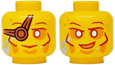 LEGO part Minifigure, Head Dual Sided Reddish Brown Eyebrows, Eye Patch and Cheek Lines, Orange Around Eyes, Metallic Light Blue Streaks, Smile / Grin Pattern - Vented Stud (3626pb3528)