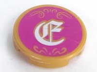 LEGO part Tile, Round 2 x 2 with Bottom Stud Holder with Filigree and White Character on Magenta Background Pattern 14769pb204