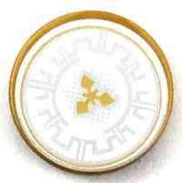 LEGO part Carreau, Rond 2 x 2 with Bottom Stud Holder with Silver Crenelations and Gold Throwing Star Pattern 14769pb217