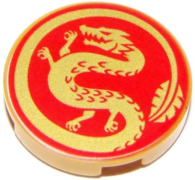 LEGO part Fliese, Rund 2 x 2 mit Stifthalter unten mit goldenem Drache auf rotem Hintergrund Muster (14769pb319)