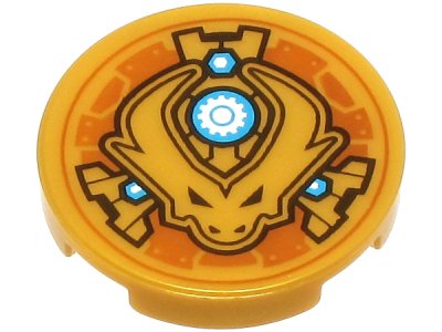 LEGO part Tile, Round 2 x 2 with Bottom Stud Holder with Dragon Head with Horns and Black Eyes, Dark Azure and White Nuts and Gear in Circle Pattern (14769pb656)