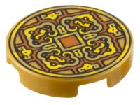 LEGO onderdeel Tegel, Rond 2 x 2 met Onderkant Noppen Houder met Goud en Geel 4 Bloemblad Bloemontwerp en Vierkant op Donker Oranje Achtergrond Patroon (Munt) 14769pb726