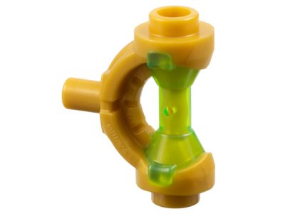 LEGO part Minifigure, Weapon Hilt with Curved Guard and Bar with Molded Trans-Bright Green Hourglass Handle Pattern (5330pb02)