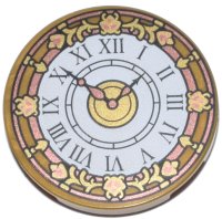 LEGO part Tile, Round 3 x 3 with White Clock Face, Copper and Gold Hands, Border, and Filigree and Black Roman Numerals Pattern 67095pb085