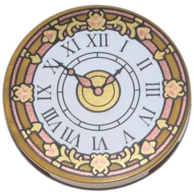 LEGO part Tile, Round 3 x 3 with White Clock Face, Copper and Gold Hands, Border, and Filigree and Black Roman Numerals Pattern (67095pb085)