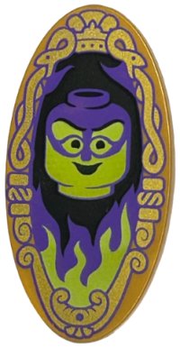 LEGO part Minifigure, Shield Elliptical with Lime and Dark Purple Minifigure Head on Black Background with Flames and Ornate Border Pattern (Magic Mirror) 92747pb16