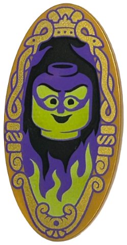 LEGO part Minifigure, Shield Elliptical with Lime and Dark Purple Minifigure Head on Black Background with Flames and Ornate Border Pattern (Magic Mirror) (92747pb16)