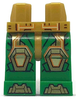 LEGO part Hips and Green Legs with Gold Knee Pads and Armor Toes, Bright Light Yellow and Orange Circuitry Pattern (970c06pb08)