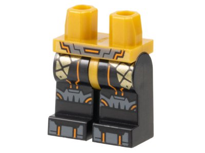 LEGO part Hips and Black Legs with Dark Bluish Gray Belt, Knee Pads, and Shoe Tips, Gold Armor Plates, Orange Trim Pattern (970c11pb52)