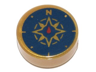 LEGO part Tile, Round 1 x 1 with Dark Blue Compass Rose and Red Needle Pattern (98138pb045)