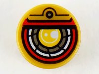 LEGO part Tile, Round 1 x 1 with Yellow, Silver, White, and Red Robotic Eye Pattern 98138pb146