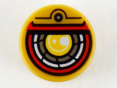 LEGO part Tile, Round 1 x 1 with Yellow, Silver, White, and Red Robotic Eye Pattern (98138pb146)
