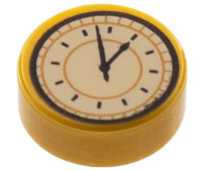 LEGO part Tile, Round 1 x 1 with Tan Clock Face Pattern (98138pb259)