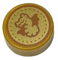 LEGO part Tile, Round 1 x 1 with Dark Orange Dragon and Dotted Circle on Gold Background Pattern (HP Unum Galleon) 98138pb380