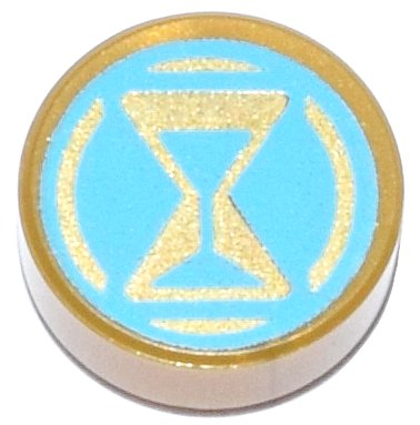 LEGO part Tile, Round 1 x 1 with Gold and Medium Azure Hourglass and Circle Pattern (98138pb404)