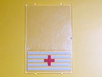 LEGO onderdeel Glas voor Venster 1 x 4 x 5 met 5 Witte Strepen en Rood Kruis Patroon (Sticker) - Set 6380 2494pb02