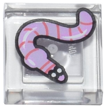 LEGO part Tile 1 x 1 with Bright Pink Worm, Coral Stripes, White Eyes, Black Outline Pattern (3070pb382)