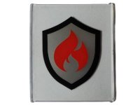LEGO onderdeel Glass for Window 1 x 6 x 6 Flat Front  with Black and Silver Fire Logo Badge with Red Flames Pattern 42509pb08
