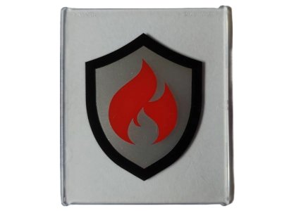 LEGO part Glass for Window 1 x 6 x 6 Flat Front  with Black and Silver Fire Logo Badge with Red Flames Pattern (42509pb08)