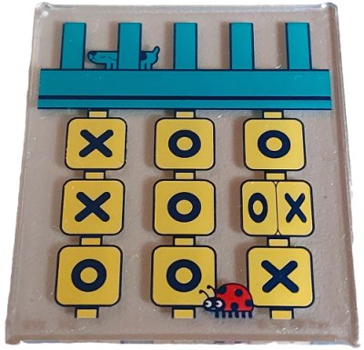LEGO part Glass for Window 1 x 6 x 6 Flat Front with Black and Yellow Tic Tac Toe Game, Dark Turquoise Frame and  Dog, Red Ladybug Pattern (42509pb17)