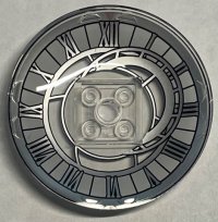 LEGO part Dish 6 x 6 Inverted (Radar) - Solid Studs with Asymmetrical Clock Face with Roman Numerals and Red Triangle Pattern 44375bpb11