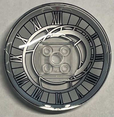 LEGO part Dish 6 x 6 Inverted (Radar) - Solid Studs with Asymmetrical Clock Face with Roman Numerals and Red Triangle Pattern (44375bpb11)