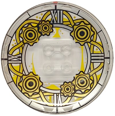 LEGO part Dish 6 x 6 Inverted (Radar) - Solid Studs with Clock Face with Silver Roman Numerals, Gold Curved Lines and Gears Pattern (44375bpb21)