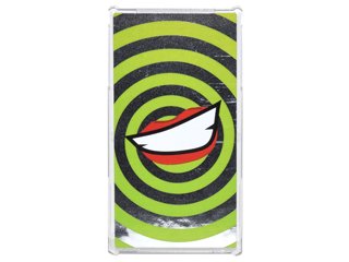 LEGO part Glass for Window 1 x 4 x 6 with Lime Swirls and Lopsided Open Mouth Smile with Teeth and Red Lips on Silver Mirrored Background Pattern (Sticker) - Set 76035 (57895pb036)