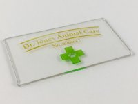 LEGO onderdeel Glass for Window 1 x 4 x 6 with Gold 'Dr. Jones Animal Care No Snakes!' and Green Cross with Paw Print Pattern 57895pb054