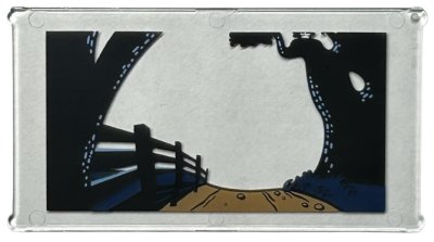 LEGO part Glass for Window 1 x 4 x 6 with Medium Nougat Dirt Road, Black Fence and Trees / Trunks with Bright Light Blue Spots, Dark Blue Bushes Pattern (57895pb127)