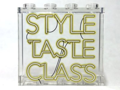 LEGO part Panel 1 x 4 x 3 with Side Supports - Hollow Studs with 'STYLE TASTE CLASS' Neon Sign Pattern (60581pb193)
