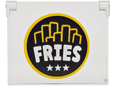 LEGO part Glass for Window 1 x 4 x 3 - Opening with White 'FRIES' and Stars with Bright Light Orange Border on Black Background Pattern (60603pb029)